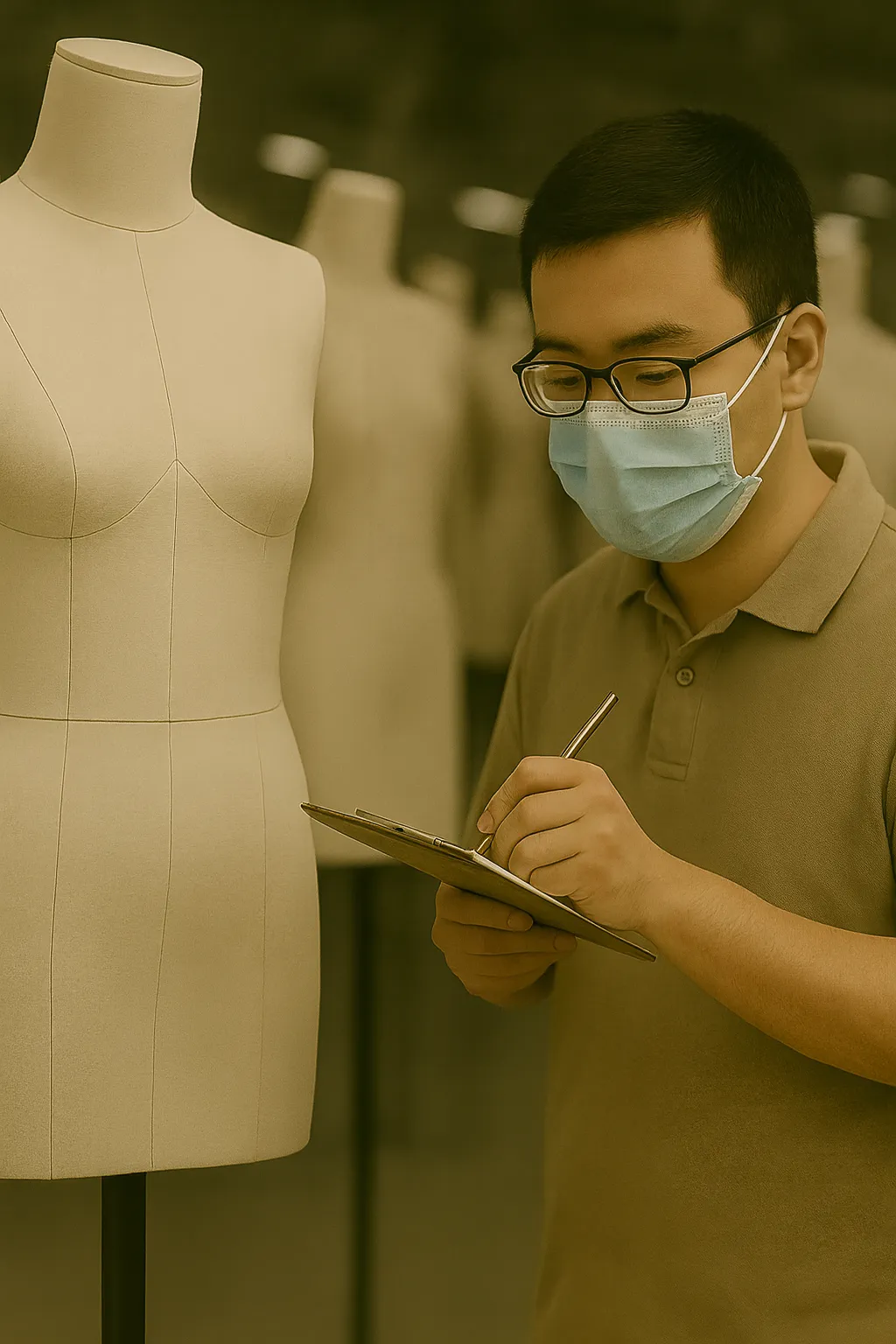 Inspección de control de calidad de Xintu en maniquíes revestidos de tela, con medición detallada y evaluación de la confección.