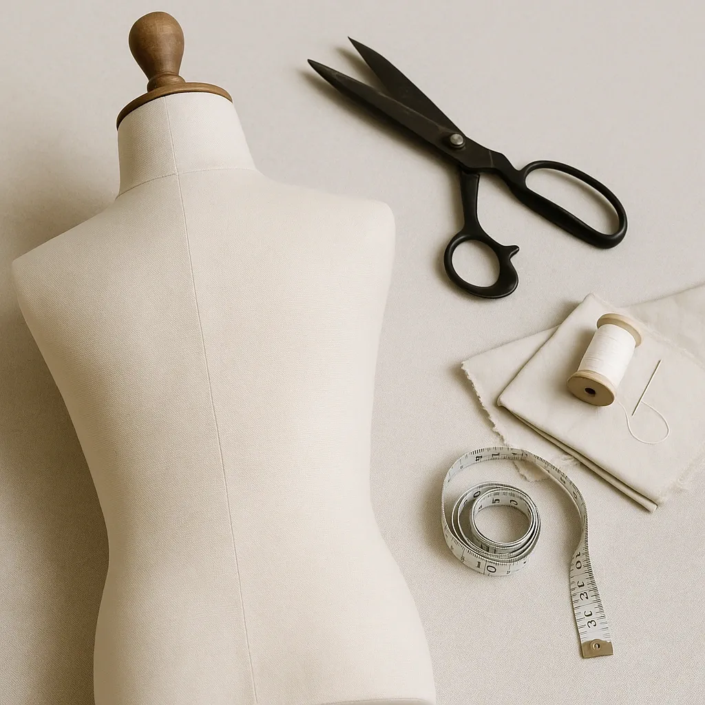 Torso de maniquí cubierto de tela xintu con herramientas de sastrería que incluyen tijeras, hilo y cinta métrica sobre una mesa de trabajo.