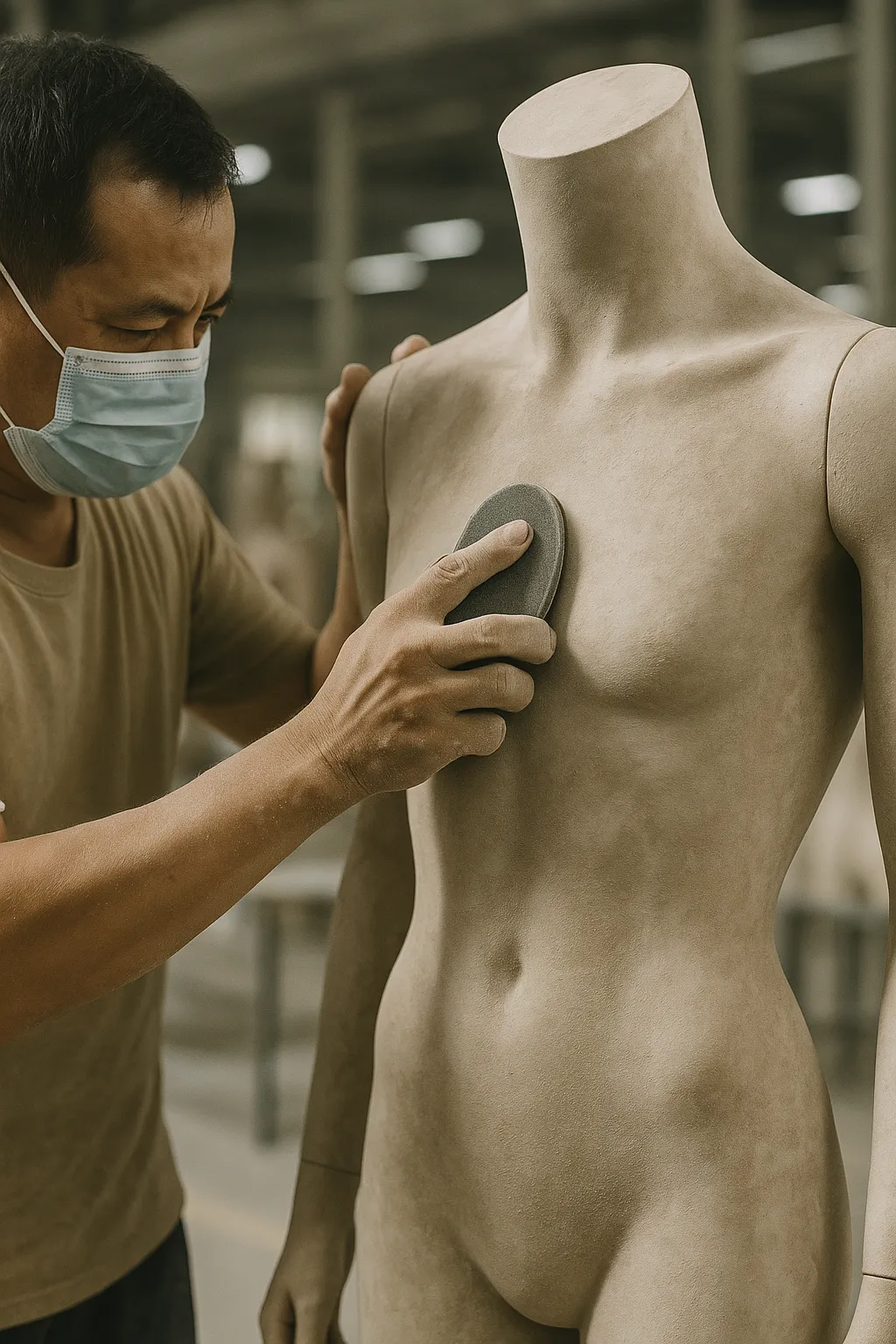 Un artesano de Xintu lija a mano la superficie de un maniquí de fibra de vidrio para lograr un acabado liso antes de pintarlo.