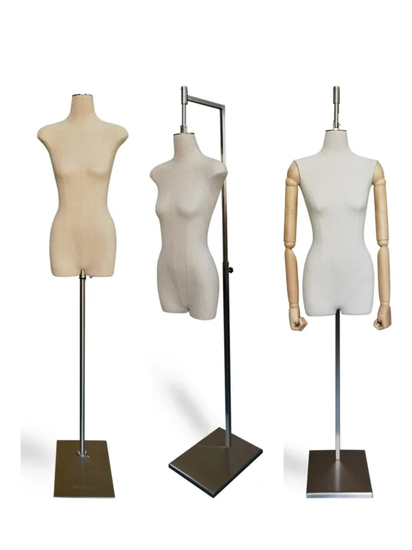 Manichini donna mezzo busto senza testa in lino, su supporto e su telai sospesi, con e senza braccia in legno