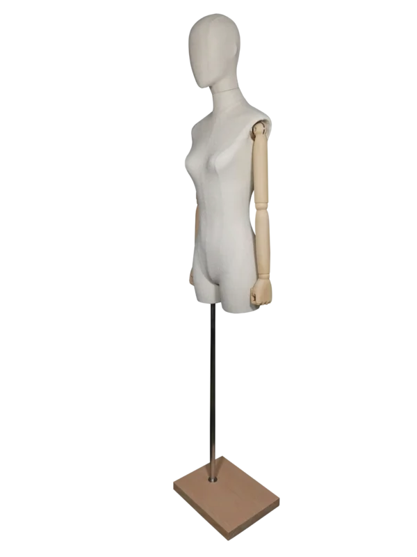 XINTU high-end linen half body female mannequin angled view with adjustable wooden arms and square wood base