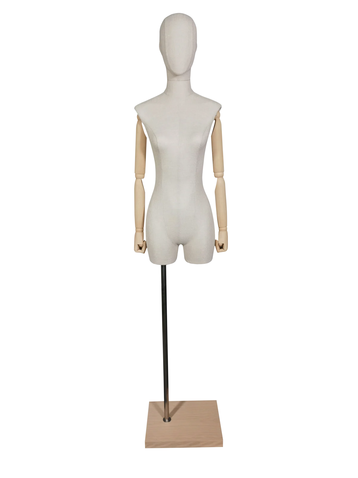 xintu-hochwertige-leinen-halbkörper-weibliche-schaufensterpuppe-verstellbare-holzarme-quadratischer-holzfuß-front XINTU hochwertige Leinen-Halbkörper-Damenpuppe, Vorderansicht, mit verstellbaren Holzarmen und quadratischem Holzsockel