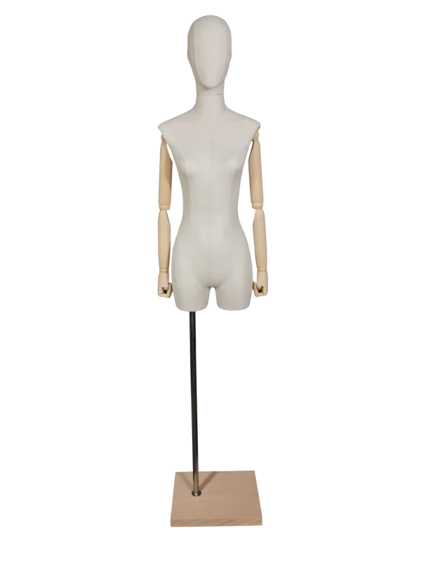 XINTU high-end linen half body female mannequin front view with adjustable wooden arms and square wood base