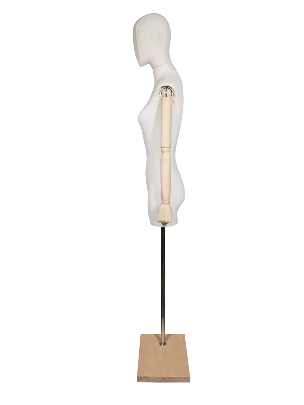 xintu-hochwertige-leinen-halbkörper-weibliche-schaufensterpuppe-verstellbare-holzarme-quadratischer-holzsockel-seitlich XINTU hochwertige Leinen-Halbkörper-Damenmannequin, Seitenansicht, mit verstellbaren Holzarmen und quadratischem Holzsockel