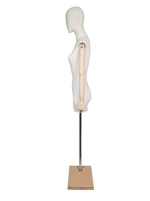 xintu-hochwertige-leinen-halbkörper-weibliche-schaufensterpuppe-verstellbare-holzarme-quadratischer-holzsockel-seitlich XINTU hochwertige Leinen-Halbkörper-Damenmannequin, Seitenansicht, mit verstellbaren Holzarmen und quadratischem Holzsockel