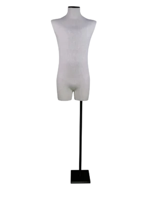 Maniquí masculino de medio cuerpo sin cabeza XINTU de lino de alta gama, vista frontal completa con base rectangular negra