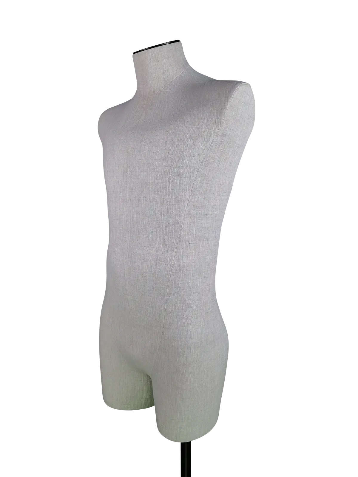 Maniquí masculino de medio cuerpo sin cabeza XINTU de lino de alta gama, vista en ángulo, con base rectangular negra