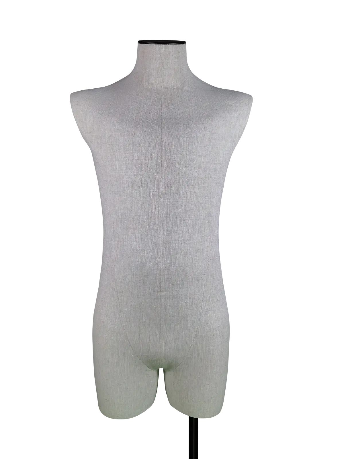 Maniquí masculino de medio cuerpo sin cabeza XINTU de lino de alta gama, vista frontal, con base rectangular negra.