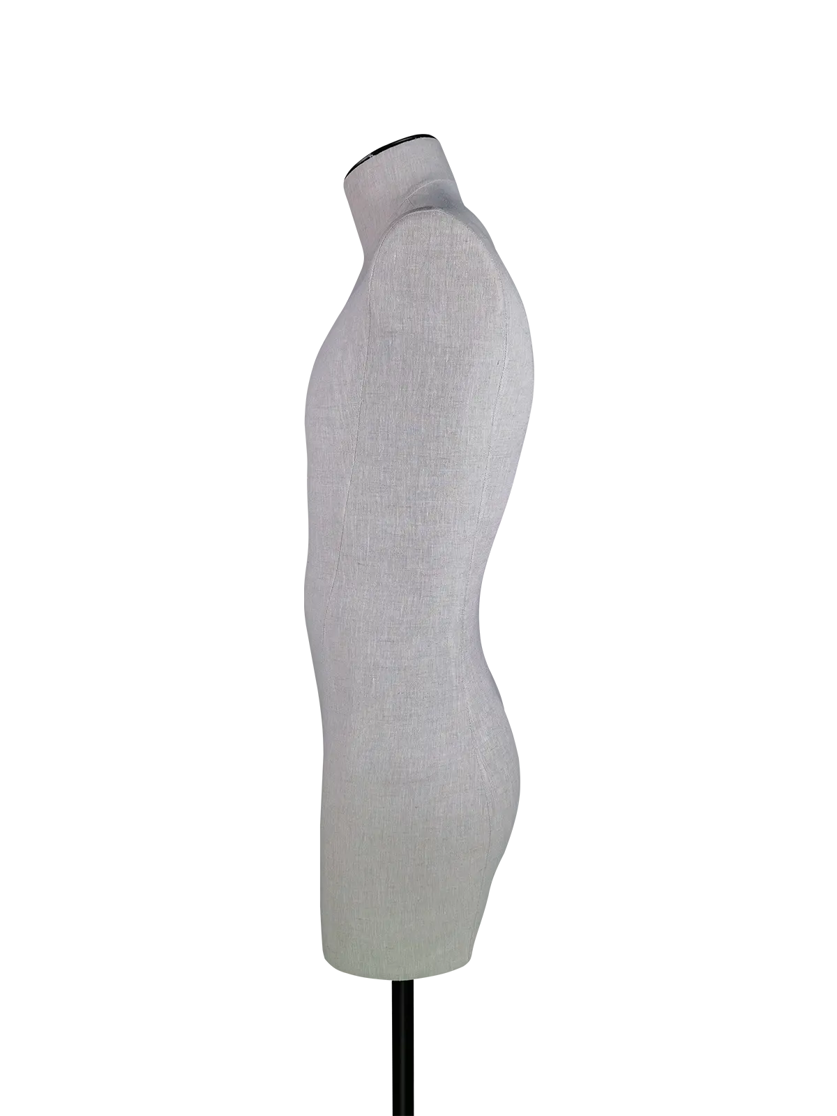 Maniquí masculino de medio cuerpo sin cabeza XINTU de lino de alta gama, vista lateral, con base rectangular negra.