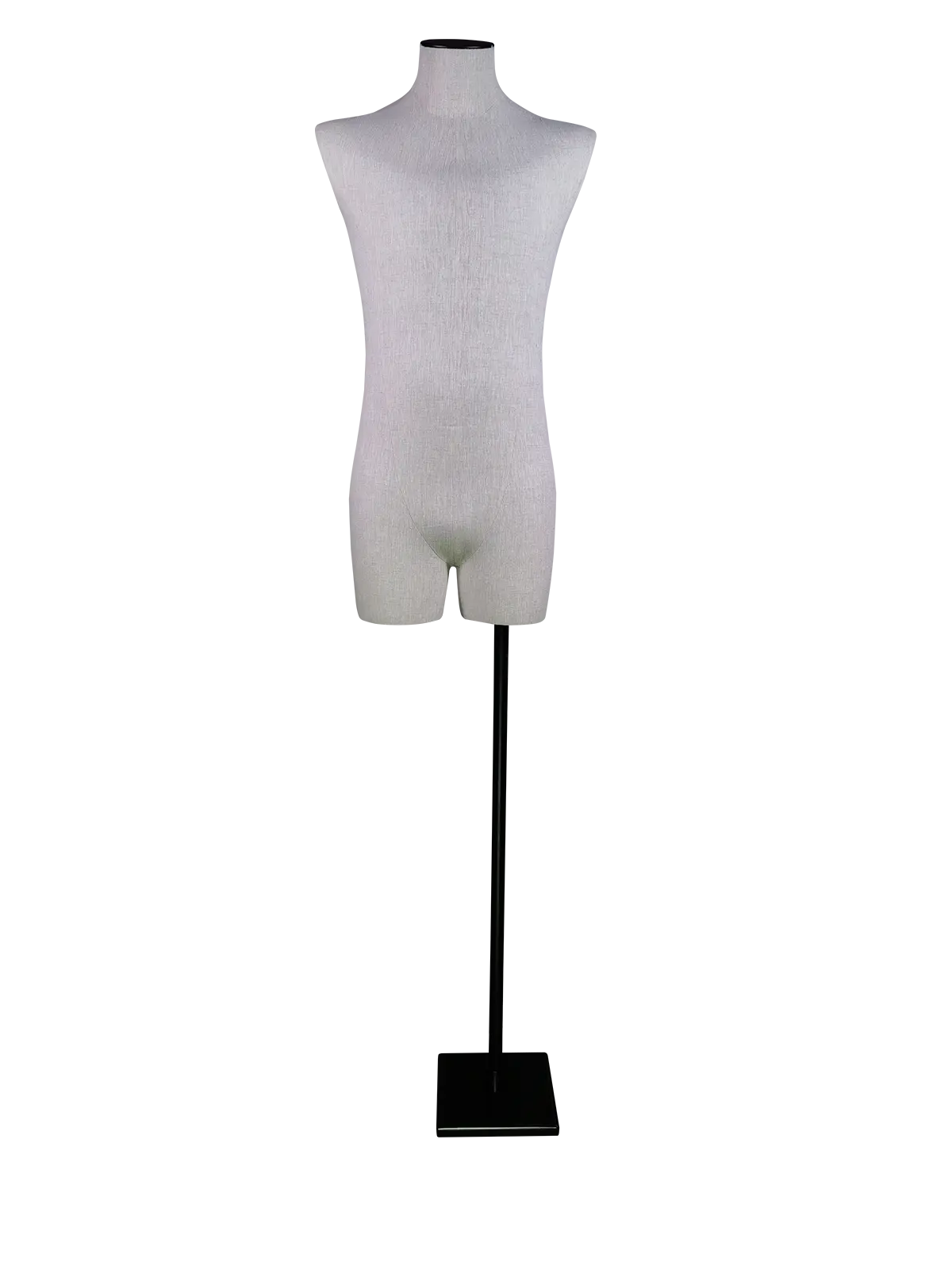 Maniquí masculino de medio cuerpo sin cabeza XINTU de lino de alta gama, vista frontal completa con base rectangular negra