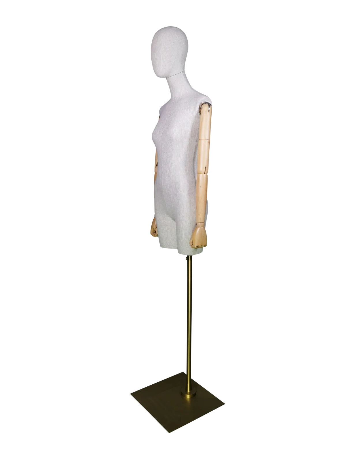 xintu-льняной-полуторс-женский-торс-регулируемый-деревянные-руки-золотой-квадратное-основание-угловой Манекен женского торса без головы XINTU, вид сбоку под углом, демонстрирующий льняную обивку, деревянную руку и квадратное металлическое основание.