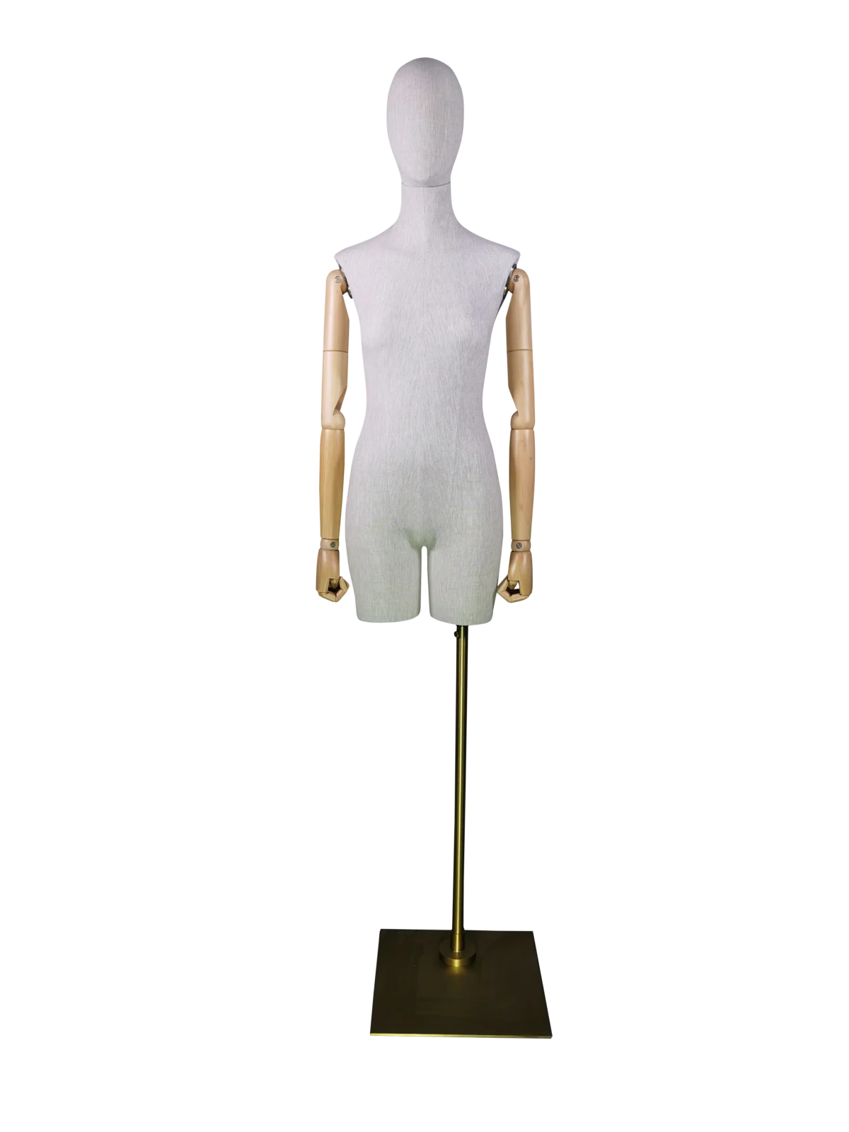 xintu-льняной-полуторс-женский-торс-регулируемый-деревянные-руки-золотой-квадрат-основание-спереди Манекен женского торса XINTU без головы, обтянутый льном, с регулируемыми деревянными руками и квадратным металлическим основанием.