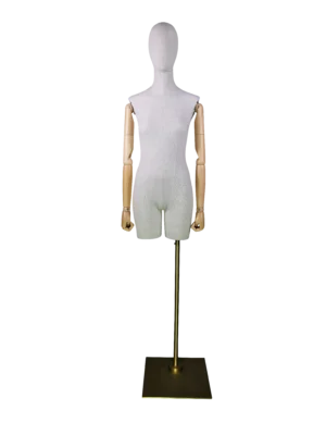 xintu-льняной-полуторс-женский-торс-регулируемый-деревянные-руки-золотой-квадрат-основание-спереди Манекен женского торса XINTU без головы, обтянутый льном, с регулируемыми деревянными руками и квадратным металлическим основанием.