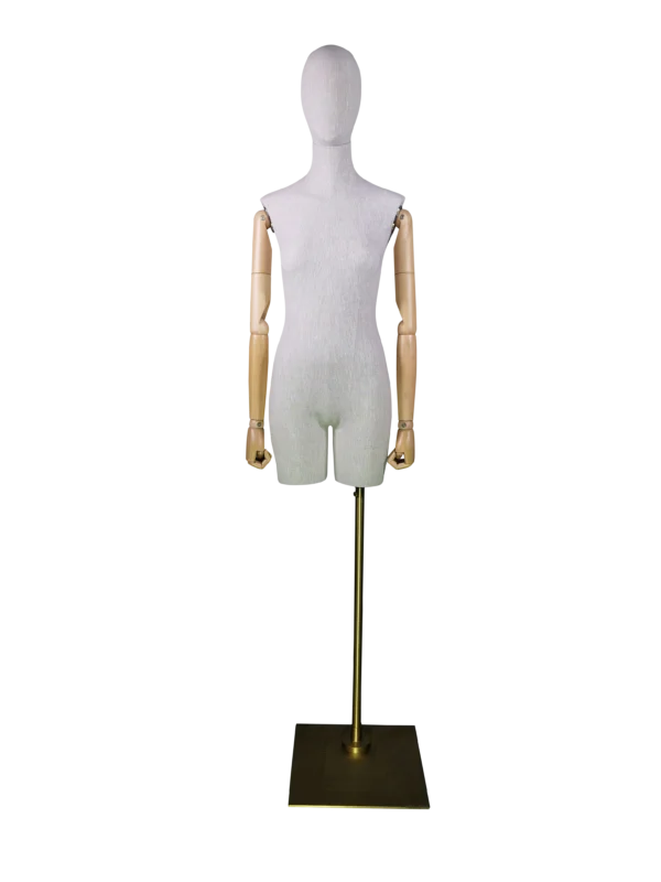 Maniquí de torso femenino sin cabeza XINTU, cubierto de lino, con brazos de madera ajustables y base cuadrada de metal.