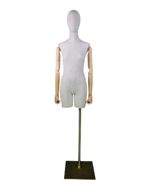 xintu-lino-mezzo-corpo-torso-femminile-braccia-in-legno-regolabili-base-quadrata-dorata-anteriore Manichino da esposizione femminile a metà corpo in lino premium personalizzato con braccia in legno regolabili e base quadrata dorata | XINTU