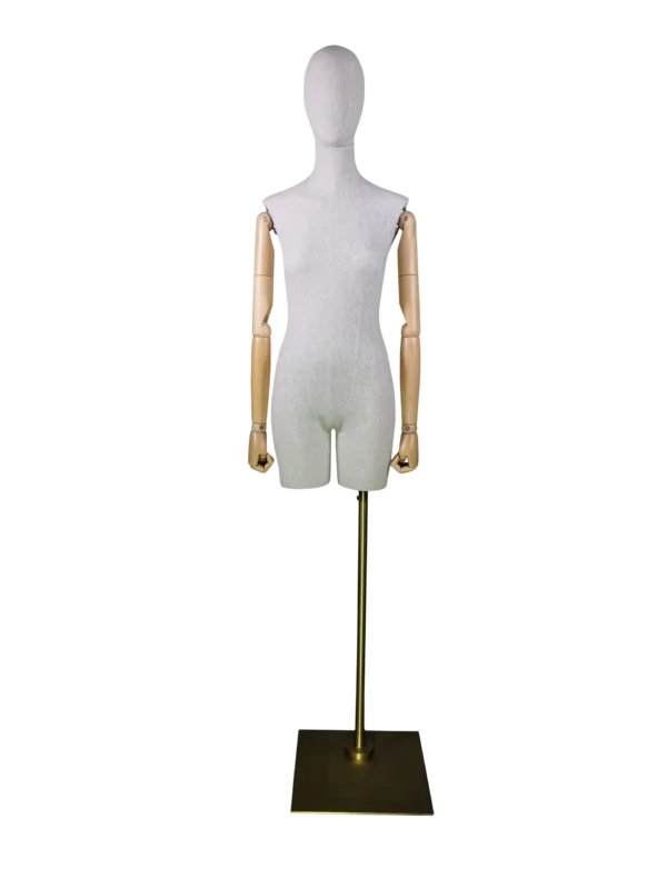 Torse féminin en lin xintu, demi-corps, bras en bois réglables, base carrée dorée, devant Mannequin d’affichage féminin demi-corps en lin haut de gamme personnalisé avec bras en bois réglables et base carrée dorée | XINTU