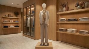 鑫途高級布料全身女模特，暖色調精品店內裝潢風格