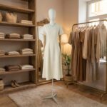 Maniquí femenino de cuerpo entero de tela premium Xintu con vestido minimalista en el interior de una boutique.