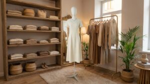 鑫圖高級布料全身女模特兒身穿簡約連身裙，在精品店內展示