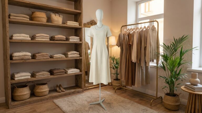 Maniquí femenino de cuerpo entero de tela premium Xintu con vestido minimalista en el interior de una boutique.