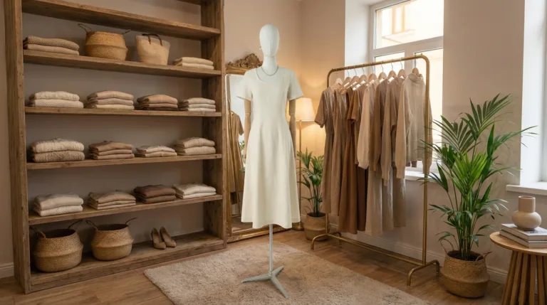 custom fabric mannequins used in luxury boutique retail display with neutral interior and fashion garments