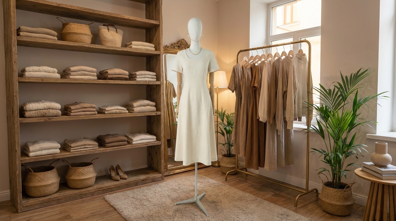 鑫圖高級布料全身女模特兒身穿簡約連身裙,在精品店內展示