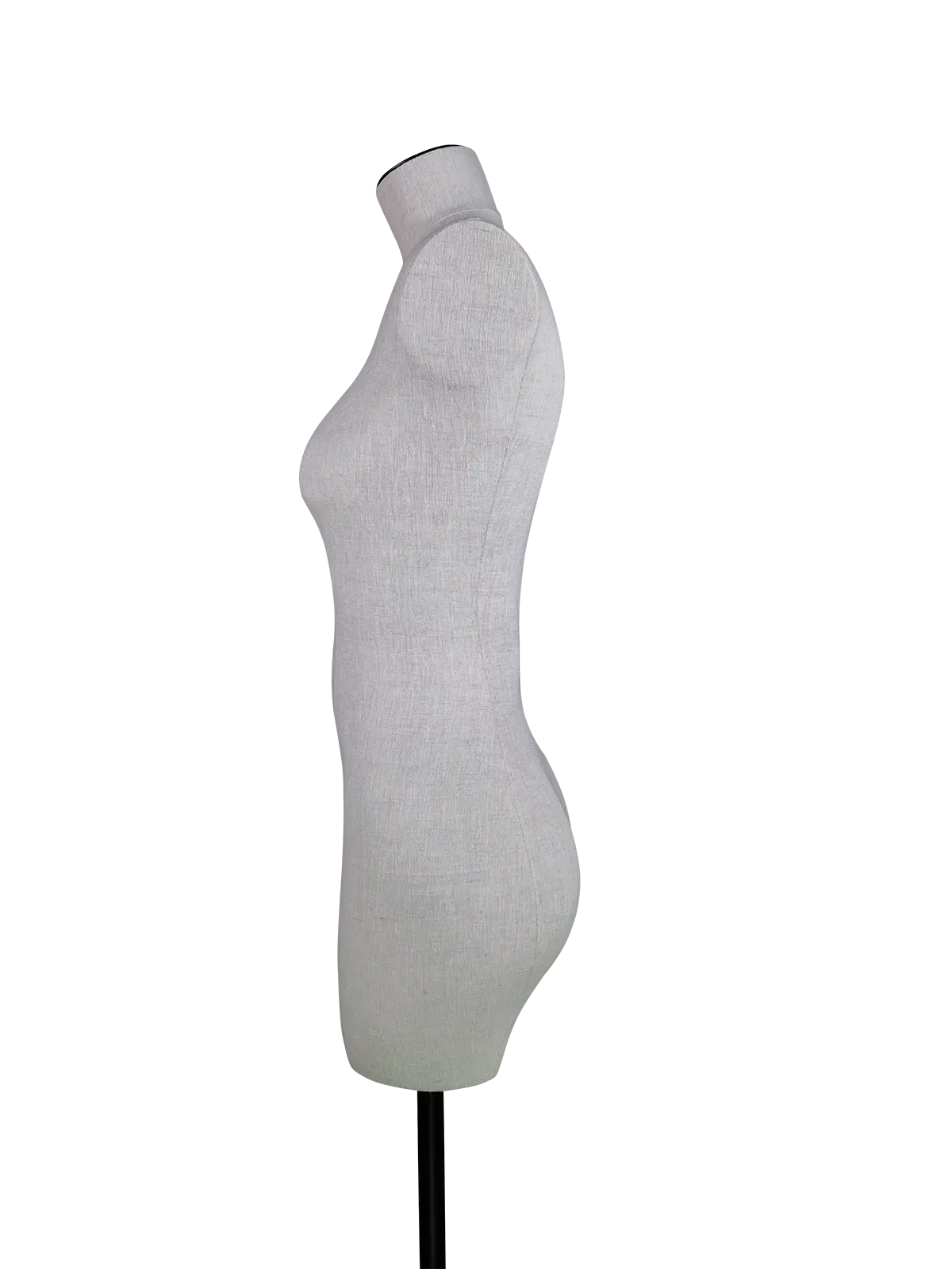 مانيكان عرض نسائي أسود بدون رأس من الكتان الفاخر من زينتو، نصف جسم، قاعدة مستطيلة مانيكان نسائي فاخر من الكتان من XINTU بدون رأس بنصف جسم، منظر جانبي، مع قاعدة مستطيلة سوداء