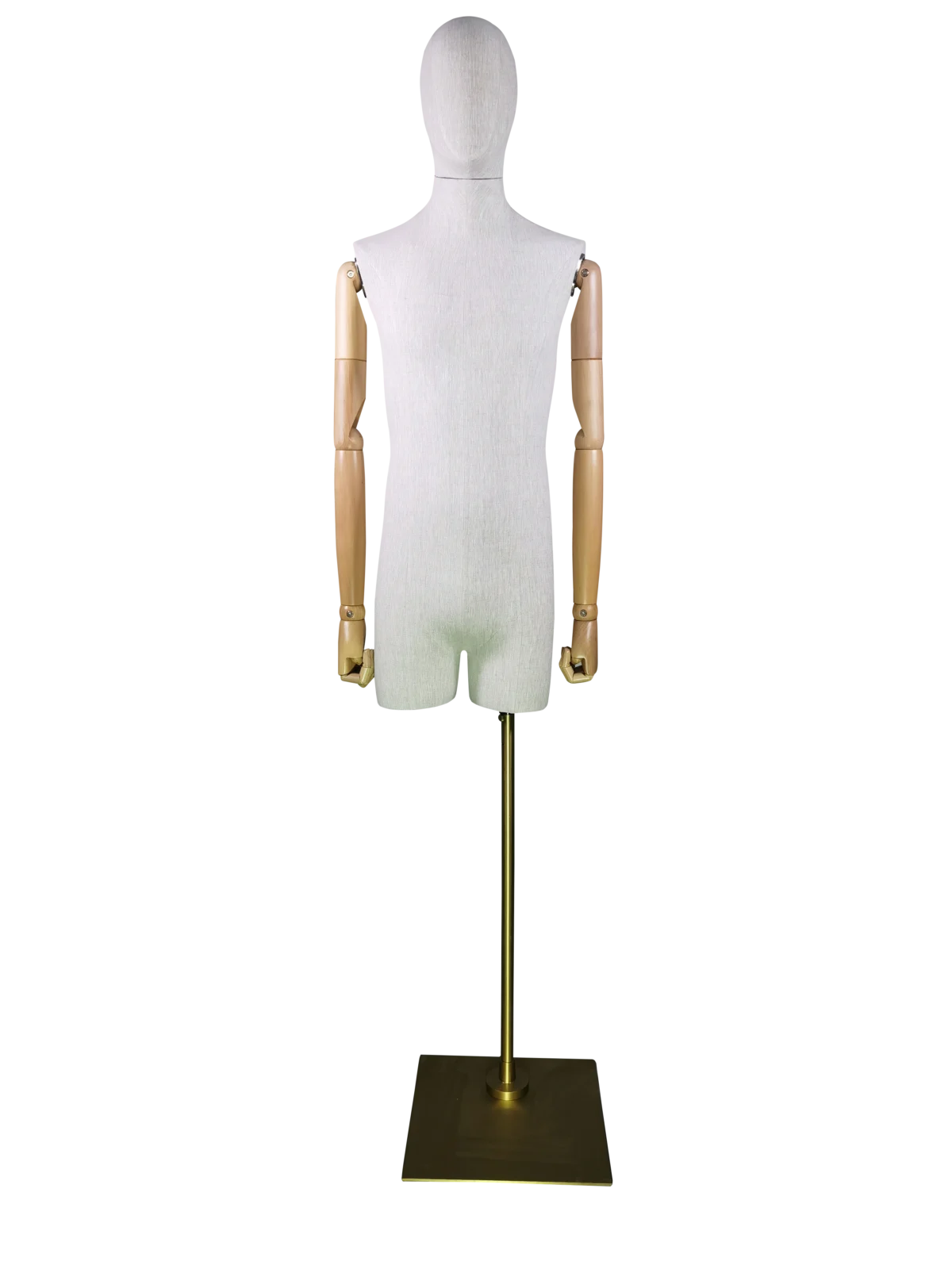 XINTU Luxus-Leinen-Halbkörper-Mannequin für Männer, Rückansicht, mit verstellbaren Holzarmen und gebürstetem, goldfarbenem quadratischem Sockel