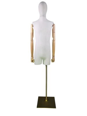 XINTU Luxus-Leinen-Halbkörper-Mannequin für Männer, Rückansicht, mit verstellbaren Holzarmen und gebürstetem, goldfarbenem quadratischem Sockel
