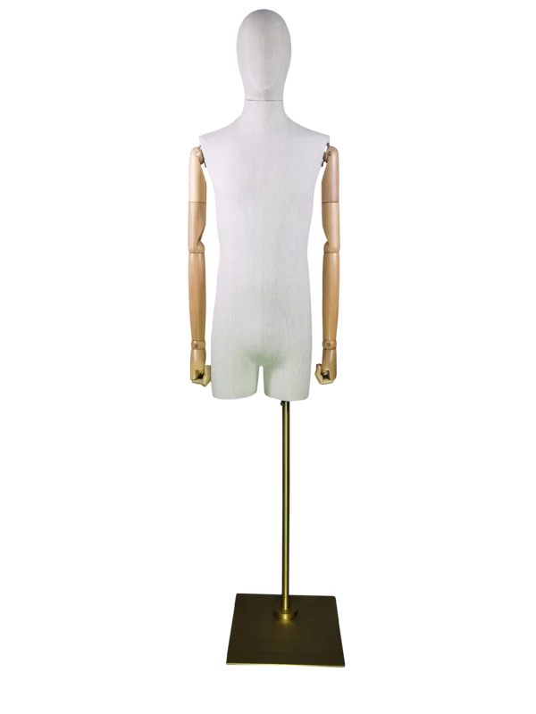 XINTU luxury linen half body male mannequin back view with adjustable wooden arms and brushed gold square base