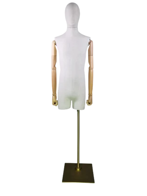 xintu-luxury-linen-half-bust-manichino-maschio-adjustable-wood-arms-gold-square-base-front Manichino maschile a mezzo busto personalizzato con braccia in legno – Rivestimento in tessuto grigio | XINTU