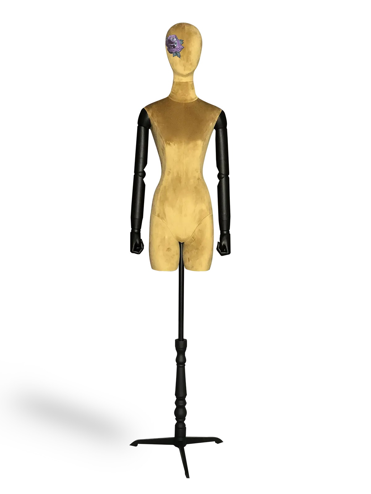 Maniquí femenino de medio cuerpo de terciopelo de lujo Xintu con brazos ajustables de plástico ABS, soporte negro y detalle de flor morada para exhibición en boutiques.