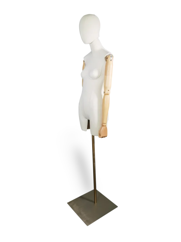 xintu white fabric female half-body mannequin with adjustable wooden arms and brushed metal square base angled view for fashion boutique display