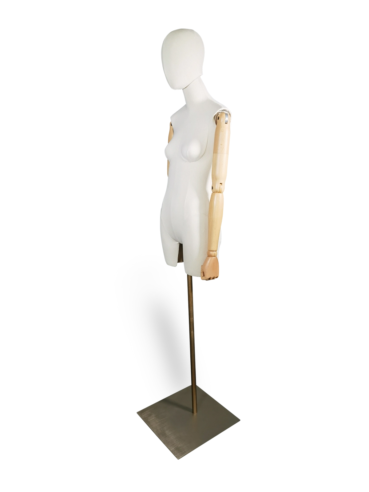 xintu-premium-fabrik-perempuan-pameran-separuh-badan-manikuin-boleh laras-lengan-kayu-berus-logam-segi-empat-bersudut fabrik putih xintu peragawati separuh badan wanita dengan lengan kayu boleh laras dan pandangan bersudut asas persegi logam berus untuk paparan butik fesyen