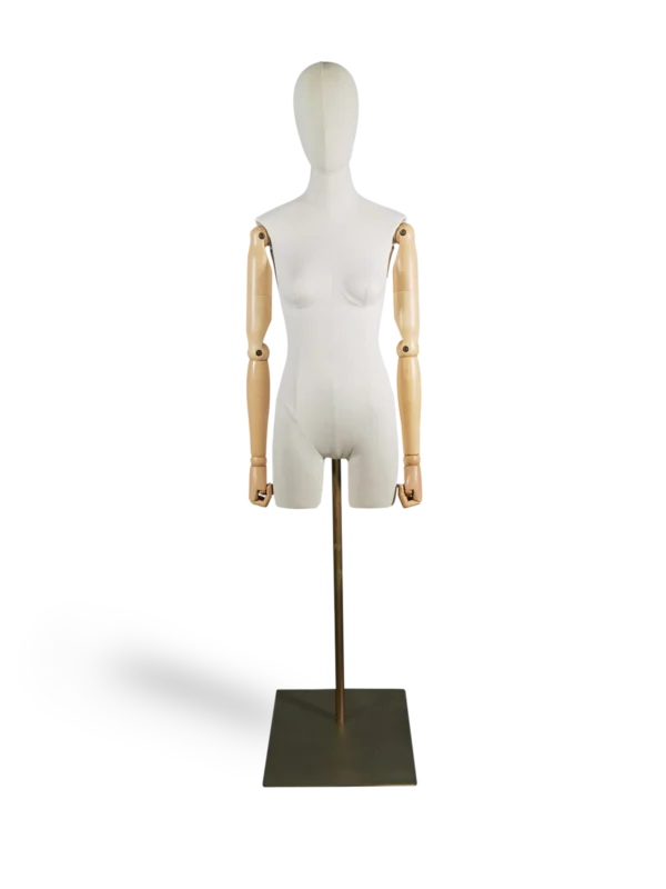 xintu white fabric female half-body mannequin front view with adjustable wooden arms and brushed metal square base for boutique display