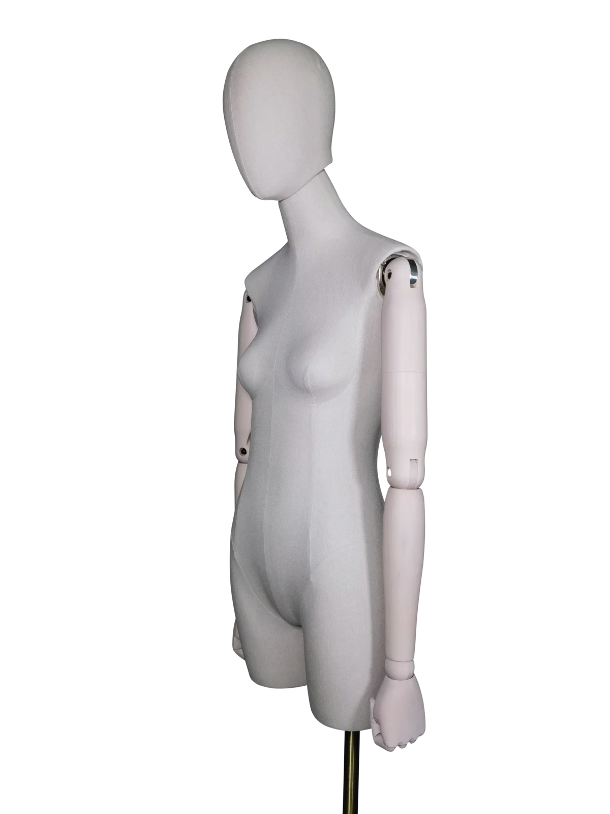 xintu-プレミアムファブリック-半身-女性-ディスプレイ-マネキン-調節可能-ブナ材-アーム 上品なホワイトリネン生地の表面、調節可能なブナ材のアーム、ブラッシュゴールドのラウンドベースを備えたnnequin。職人技とモダンな美学を重視する高級ファッションブティックやデザイナーショールームに最適です。.