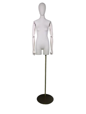 xintu-プレミアムファブリック-半身-女性-ディスプレイ-マネキン-調節可能-ブナ材-アーム-ゴールド-ベース XINTU プレミアムファブリック半身女性マネキン正面図、調整可能なブナ材のアームとブラッシュゴールドのベース付き