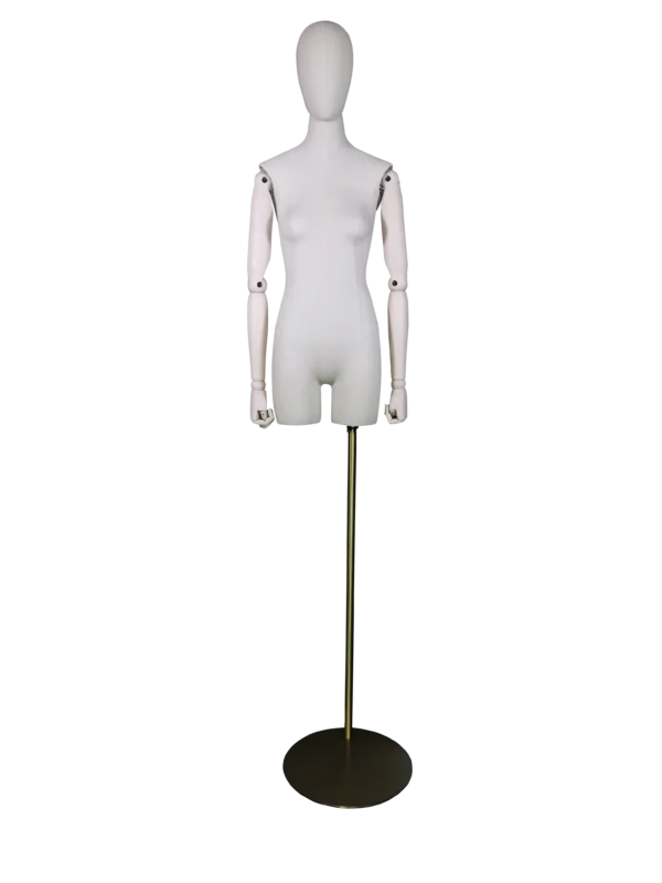 XINTU premium fabric half body female mannequin front view with adjustable beech wood arms and brushed gold base