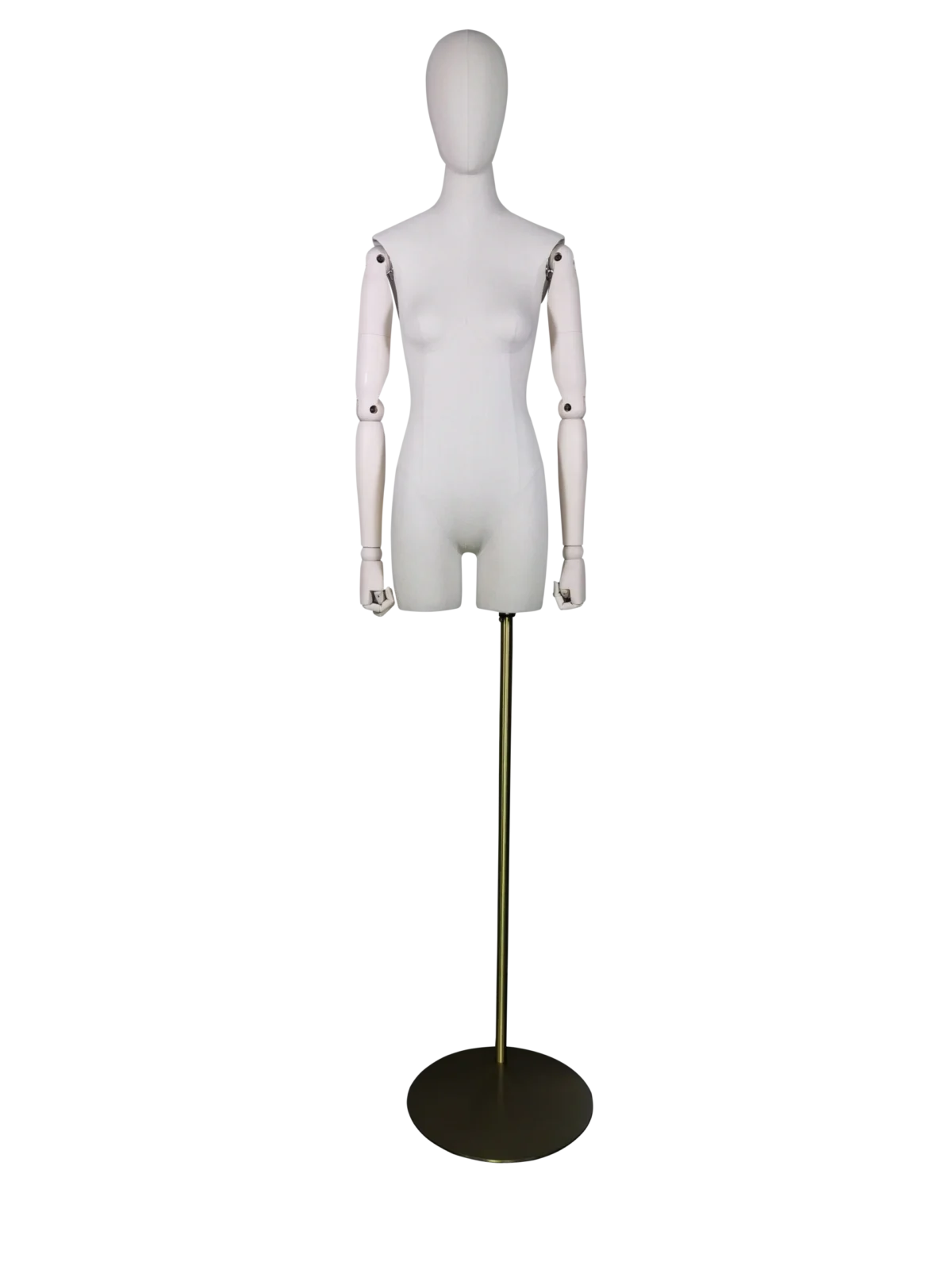 xintu-premium-stoff-halbkörper-weibliche-schaufensterpuppe-verstellbare-buchenholz-arme-goldener-fuß Maßgeschneiderte Halbkörper-Schaufensterpuppe mit Holzarmen – weißer Stoffbezug | XINTU
