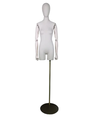 xintu-premium-stoff-halbkörper-weibliche-schaufensterpuppe-verstellbare-buchenholz-arme-goldener-fuß Maßgeschneiderte Halbkörper-Schaufensterpuppe mit Holzarmen – weißer Stoffbezug | XINTU
