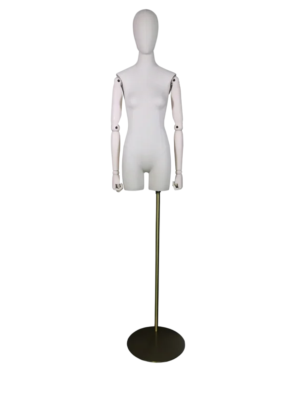 xintu-premium-fabric-half-body-female-display-mannequin-adjustable-beech-wood-arms-gold-base Custom Half-body Female Mannequin with Wooden Arms – White Fabric Covered | XINTU