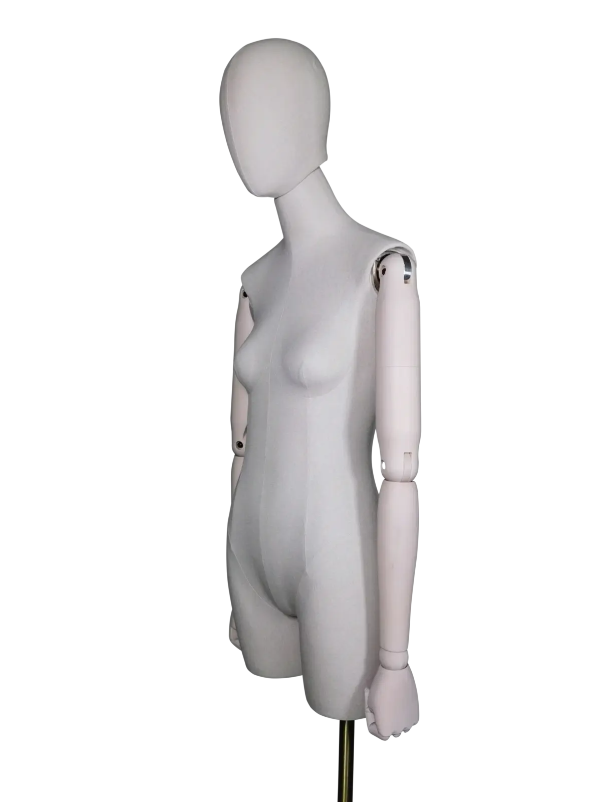 xintu-premium-stoff-halbkörper-weibliche-schaufensterpuppe-verstellbare-buchenholz-arme Diese Puppe mit ihrer edlen, weißen Leinenoberfläche, verstellbaren Armen aus Buchenholz und dem runden Fuß in gebürstetem Gold ist ideal für luxuriöse Modeboutiquen und Designer-Showrooms, die Wert auf handwerkliche Perfektion und moderne Ästhetik legen.