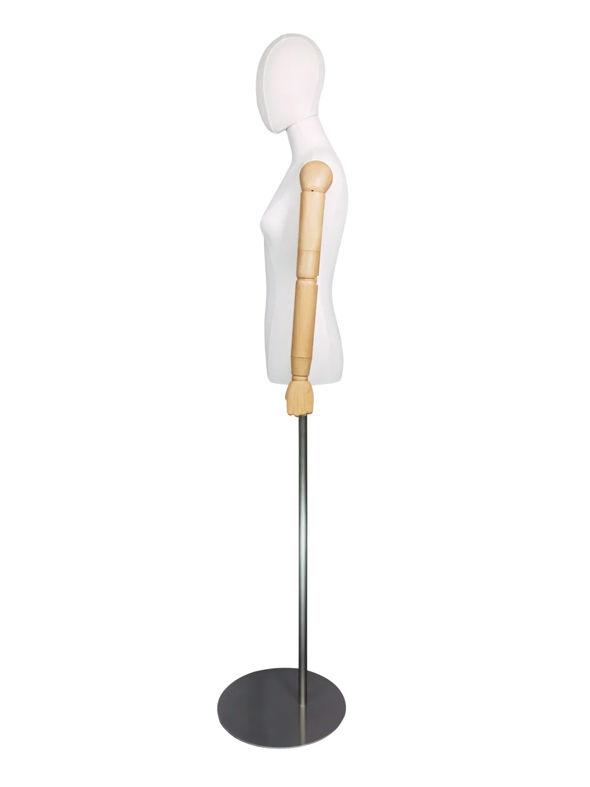 xintu-premium-fabric-half-body-female-display-mannequin-wooden-hands-silver-round-base-angled Премиальный женский манекен Xintu из ткани, полуторный, с деревянными руками и серебряным круглым основанием, вид сбоку