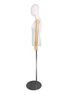 xintu-premium-fabric-half-body-female-display-mannequin-wooden-hands-silver-round-base-angled Премиальный женский манекен Xintu из ткани, полуторный, с деревянными руками и серебряным круглым основанием, вид сбоку
