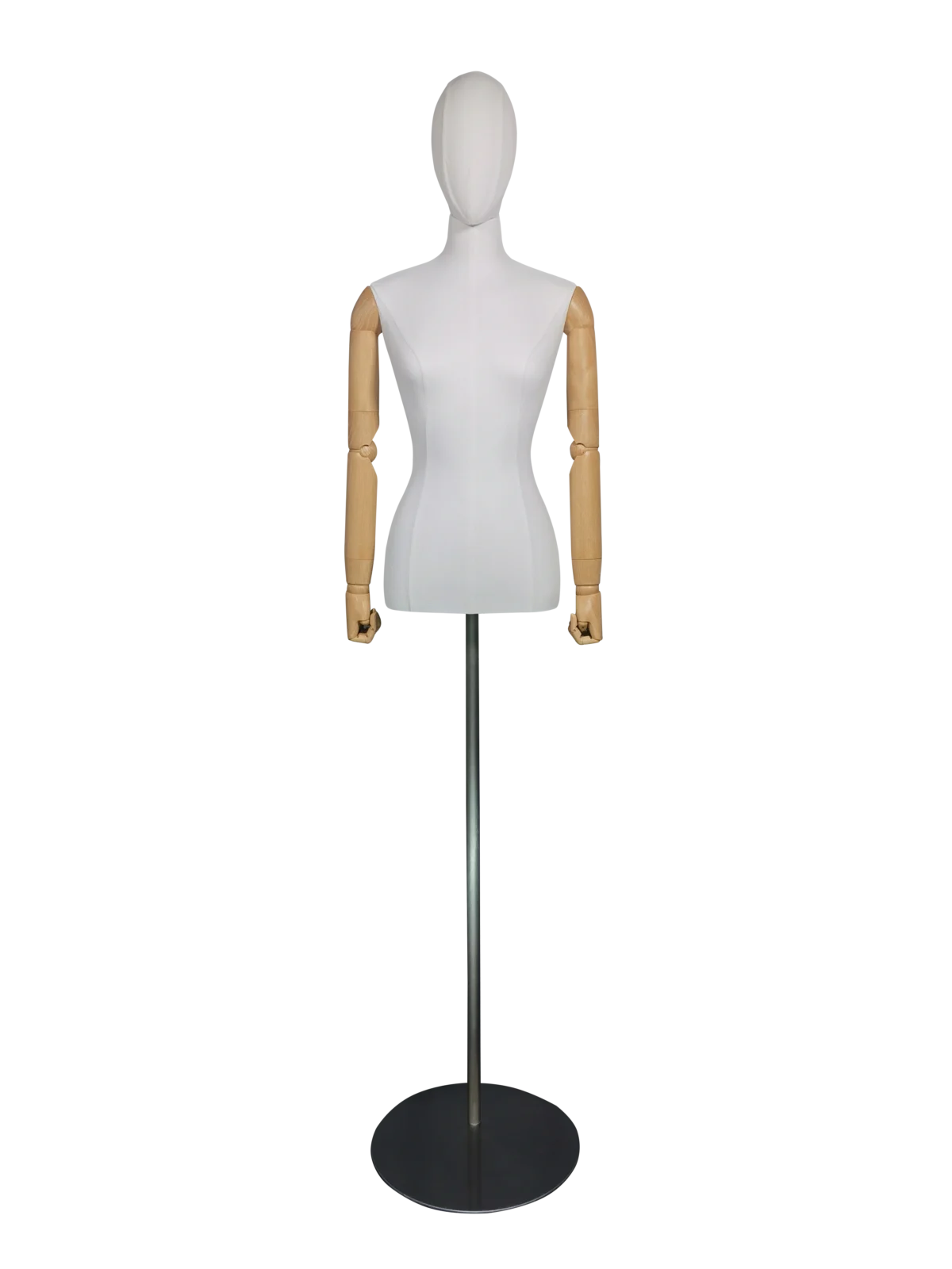 Maniquí femenino de medio cuerpo XINTU de tela blanca premium con brazos ajustables de madera y base redonda plateada para exhibición en boutiques de moda