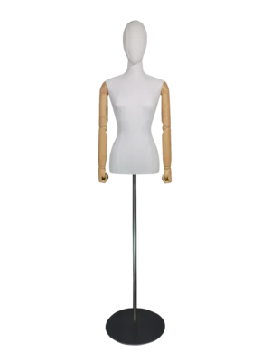 Maniquí femenino de medio cuerpo XINTU de tela blanca premium con brazos ajustables de madera y base redonda plateada para exhibición en boutiques de moda
