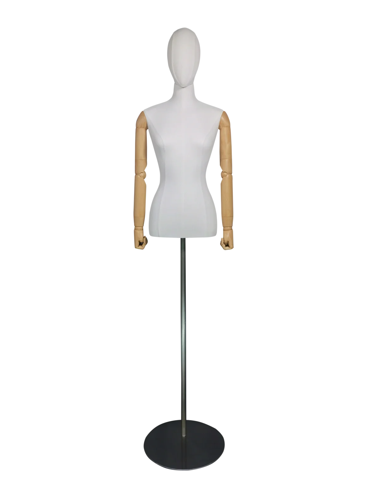 xintu-premium-fabric-half-body-female-display-mannequin-wooden-hands-silver-round-base-front XINTU - премиальный белый тканевый женский манекен-полуторка с деревянными регулируемыми руками и серебряной круглой основой для демонстрации в бутиках модной одежды