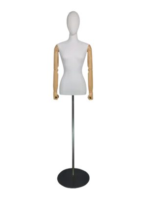 xintu-premium-fabric-half-body-female-display-mannequin-wooden-hands-silver-round-base-front XINTU - премиальный белый тканевый женский манекен-полуторка с деревянными регулируемыми руками и серебряной круглой основой для демонстрации в бутиках модной одежды