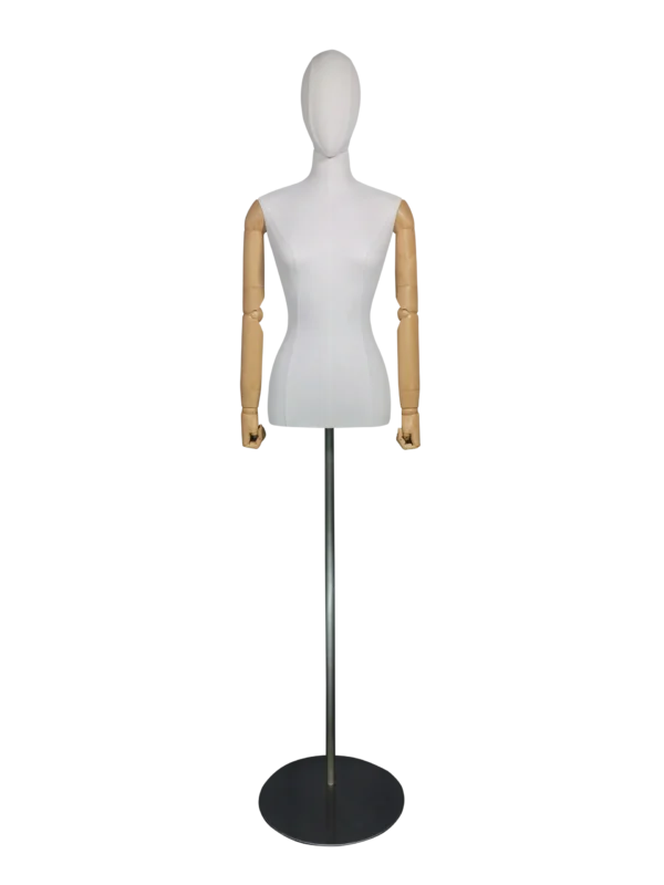 XINTU premium white fabric half-body female mannequin with wooden adjustable arms and silver round base for fashion boutique display