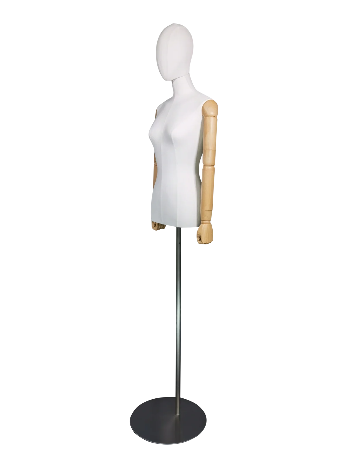 Maniquí femenino de medio cuerpo de tela premium Xintu con brazos de madera y base redonda plateada para exhibición en boutiques